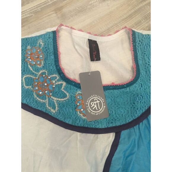 Sacred Threads Dress Bohemian Women’s Medium Sort Sleeve Midi Blue White New - Picture 3 of 7
